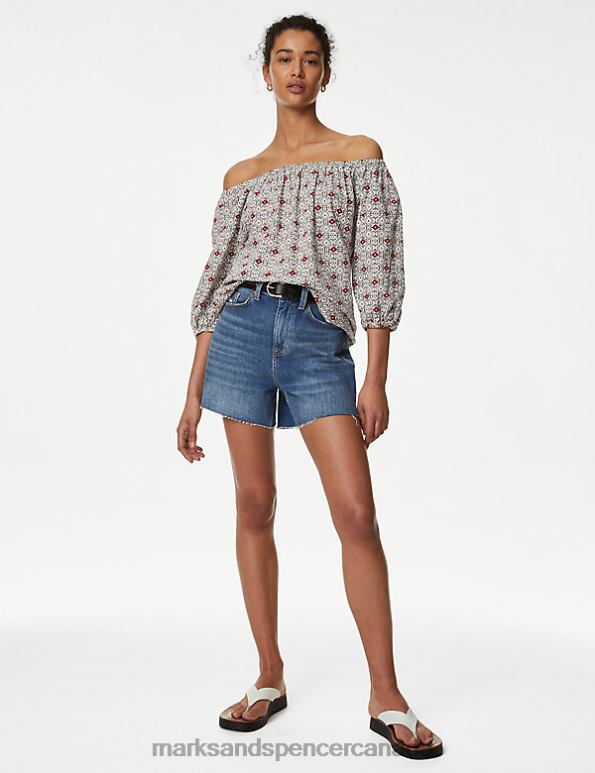 Women Multi Clothing Marks & Spencer Linen Rich Printed Bardot Blouse 20VTD2379 - Marks and Spencer Canada locations