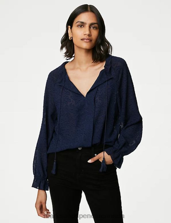 Marks and Spencer near me - Women Navy Clothing Marks & Spencer Jacquard Tie Neck Ruffle Popover Blouse 20VTD710