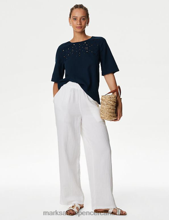 Women Navy Clothing Marks & Spencer Linen Rich Cutwork Detail Blouse 20VTD581 - Marks and Spencer Canada locations