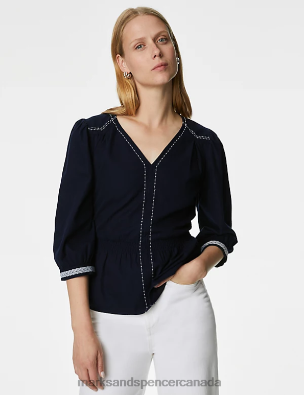 Women Navy Clothing Marks & Spencer Pure Cotton Embroidered V-Neck Blouse 20VTD1250 - Marks and Spencer online