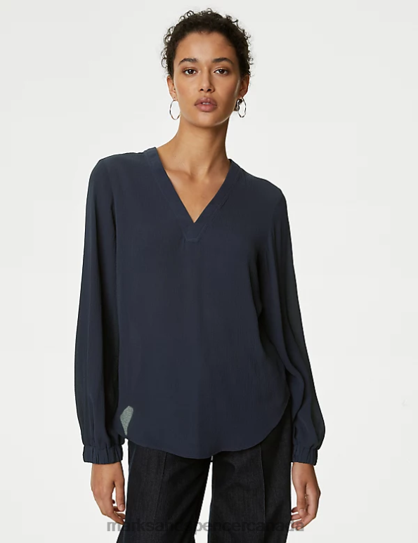 Women Navy Clothing Marks & Spencer V-Neck Popover Blouse 20VTD93 - Marks and Spencer online