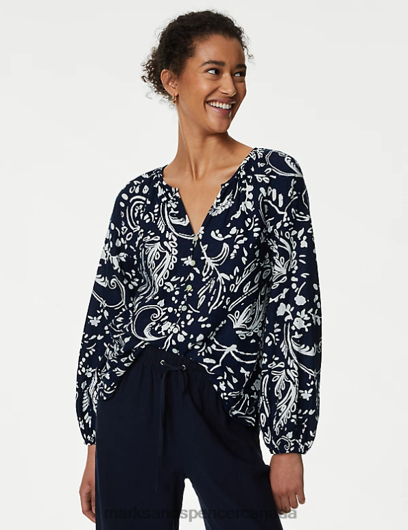 Women Navy Mix Clothing Marks & Spencer Linen Rich Printed V-Neck Blouse 20VTD2154 - Marks and Spencer outlet