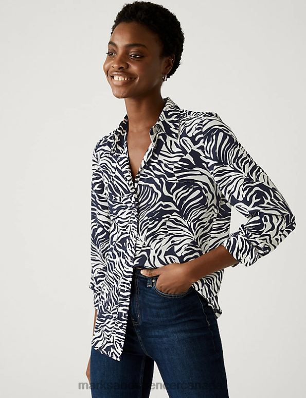 Women Navy Mix Clothing Marks & Spencer Printed Collared Shirt 20VTD738 - Marks and Spencer Canada locations