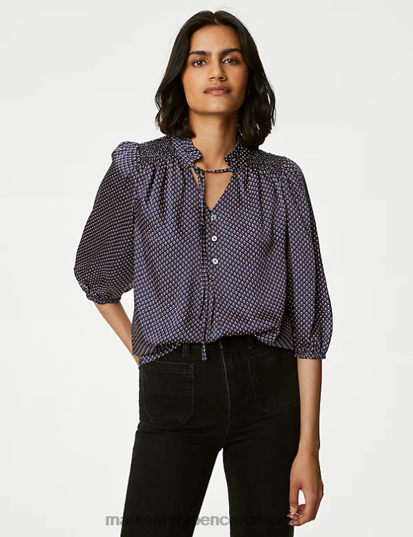 Marks and Spencer Canada - Women Navy Mix Clothing Marks & Spencer Printed Frill Neck Tie Front Popover Blouse 20VTD344