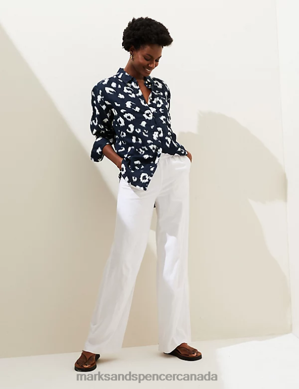 Women Navy Mix Clothing Marks & Spencer Pure Linen Printed Oversized Shirt 20VTD2063 - Marks and Spencer Canada locations