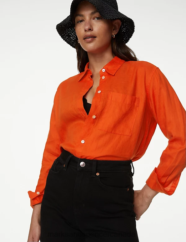 Marks and Spencer Canada - Women Orange Clothing Marks & Spencer Pure Linen Oversized Shirt 20VTD44