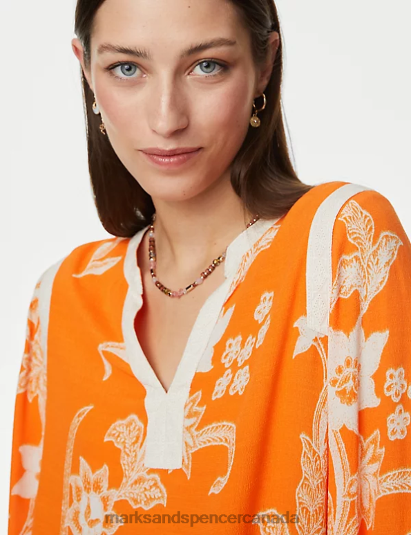 Women Orange Mix Clothing Marks & Spencer Floral Notch Neck Lace Detail Blouse 20VTD2762 - Marks and Spencer outlet