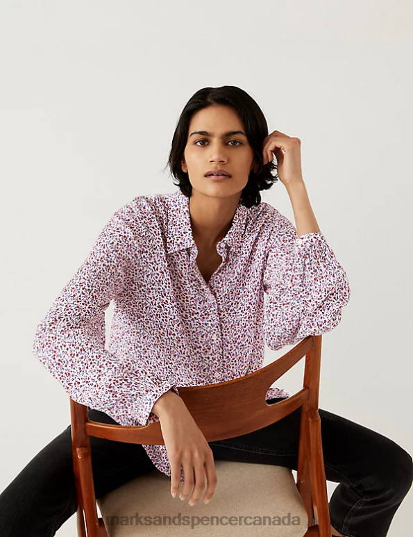 Women Pink Mix Clothing Marks & Spencer Modal Blend Printed Longline Shirt 20VTD668 - Marks and Spencer Canada locations