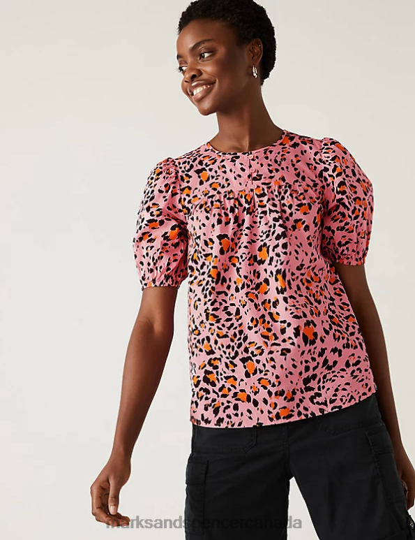 Marks and Spencer sale - Women Pink Mix Clothing Marks & Spencer Pure Cotton Printed Puff Sleeve Blouse 20VTD1781