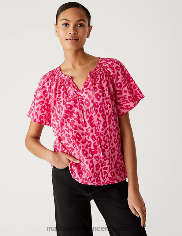 Marks and Spencer Canada - Women Pink Mix Clothing Marks & Spencer Pure Cotton Printed Tie Neck Blouse 20VTD2957