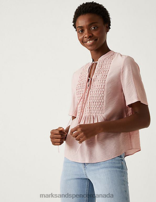 Women Pink Shell Clothing Marks & Spencer V-Neck Smocked Popover Blouse 20VTD2806 - Marks and Spencer online