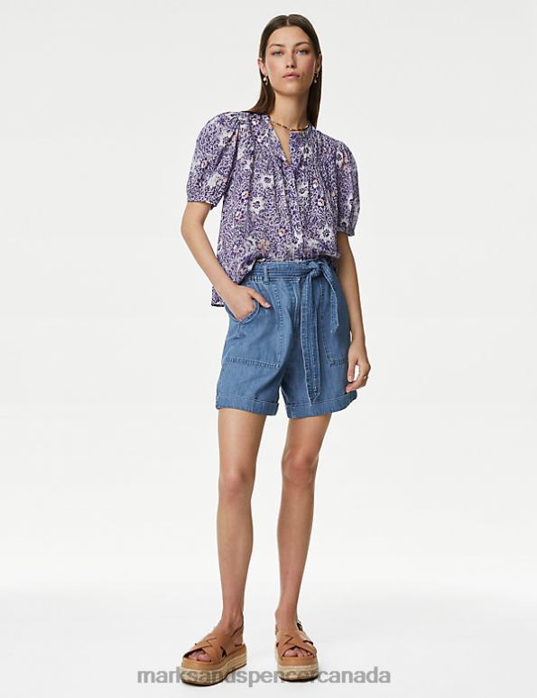 Women Purple Mix Clothing Marks & Spencer Pure Cotton Printed Short Sleeve Blouse 20VTD2656 - Marks and Spencer outlet