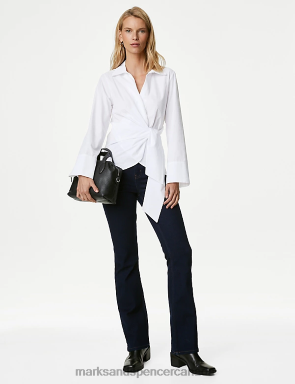 Women Soft White Clothing Marks & Spencer Pure Cotton Collared Tie Front Shirt 20VTD312 - Marks and Spencer Canada locations