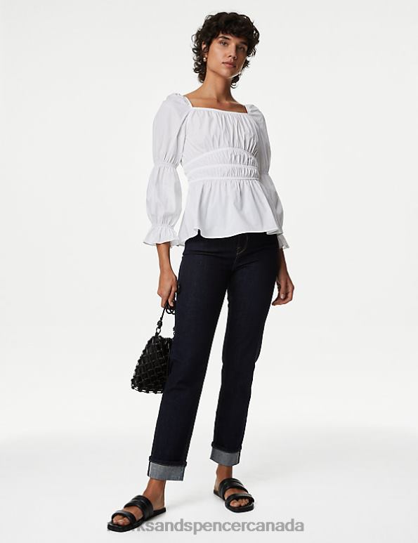 Marks and Spencer sale - Women Soft White Clothing Marks & Spencer Pure Cotton Square Neck Shirred Blouse 20VTD746