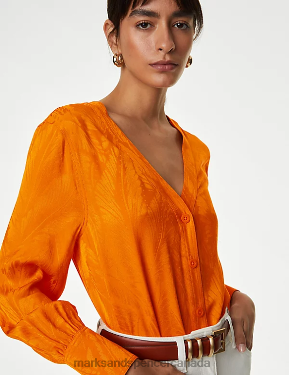 Women Tangerine Clothing Marks & Spencer Floral Jacquard V-Neck Blouse 20VTD399 - Marks and Spencer Canada locations