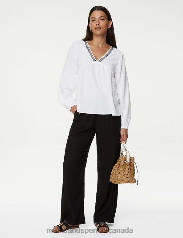 Women White Clothing Marks & Spencer Linen Blend V-Neck Blouse 20VTD771 - Marks and Spencer Canada locations