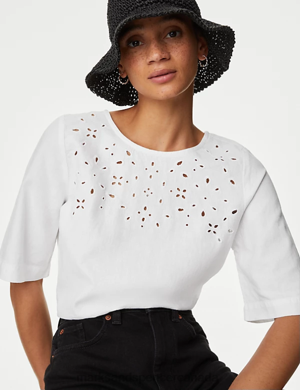 Marks and Spencer Canada - Women White Clothing Marks & Spencer Linen Rich Cutwork Detail Blouse 20VTD974