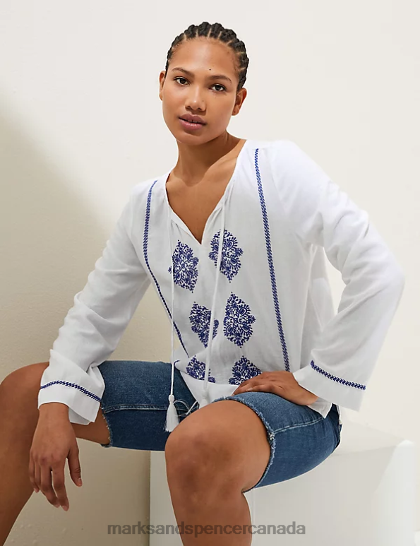 Women White Clothing Marks & Spencer Linen Rich Embroidered Tie Neck Blouse 20VTD2148 - Marks and Spencer Canada locations