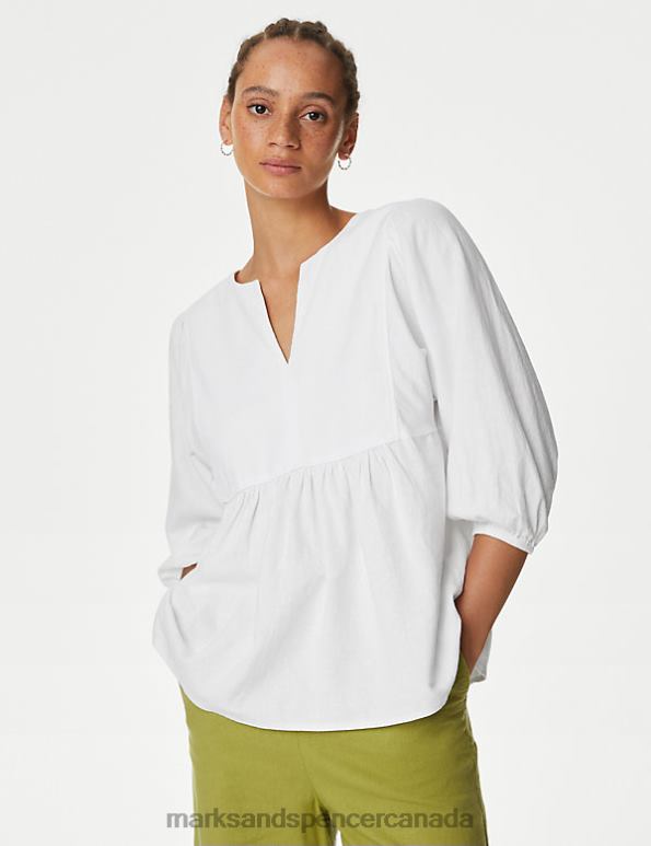 Women White Clothing Marks & Spencer Linen Rich V-Neck Puff Sleeve Blouse 20VTD81 - Marks and Spencer outlet