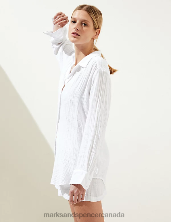 Marks and Spencer sale - Women White Clothing Marks & Spencer Pure Cotton Textured Beach Shirt 20VTD993