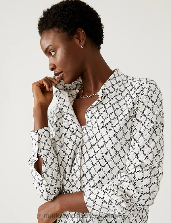 Women White Mix Clothing Marks & Spencer Printed Collared Long Sleeve Shirt 20VTD3127 - Marks and Spencer Canada locations