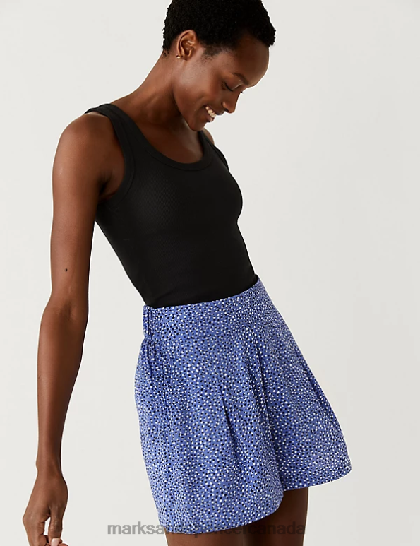 Women Blue Mix Clothing Marks & Spencer Printed Pleat Front Shorts 20VTD1914 - Marks and Spencer outlet