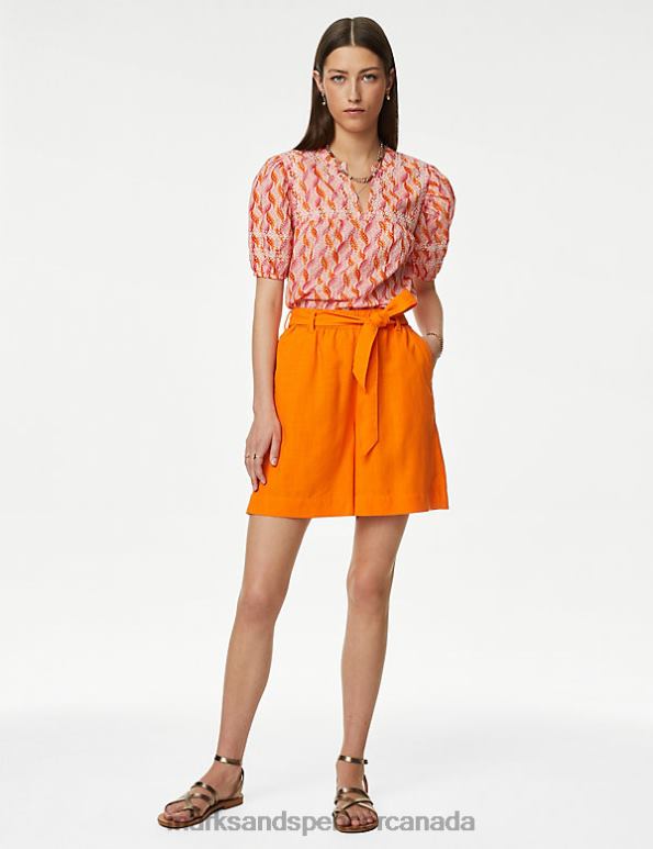 Women Bright Orange Clothing Marks & Spencer Linen Blend High Waisted Shorts 20VTD3039 - Marks and Spencer outlet