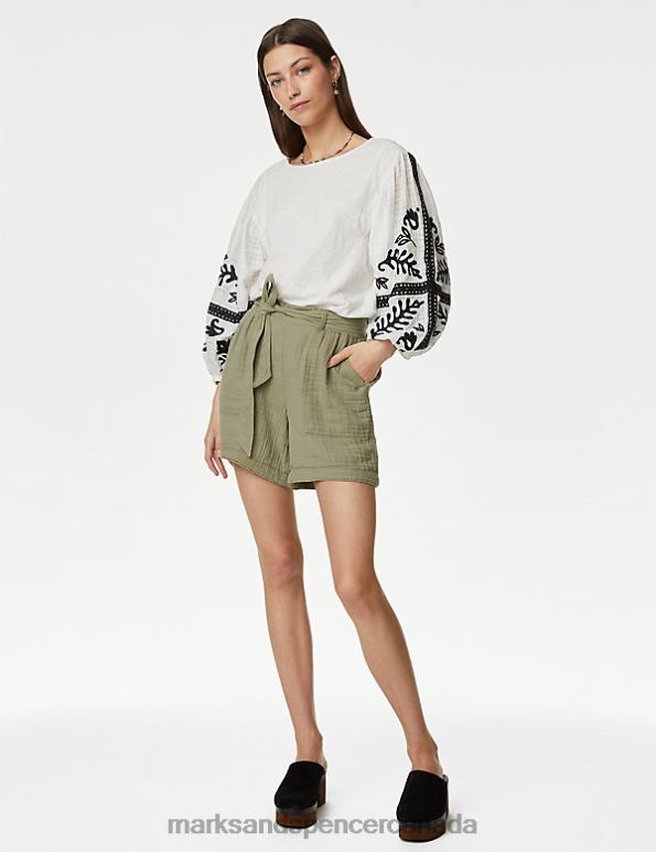 Marks and Spencer sale - Women Faded Khaki Clothing Marks & Spencer Pure Cotton High Waisted Belted Shorts 20VTD2668