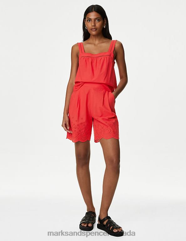 Marks and Spencer Canada - Women Flame Clothing Marks & Spencer Pure Cotton Embroidered High Waisted Shorts 20VTD1477