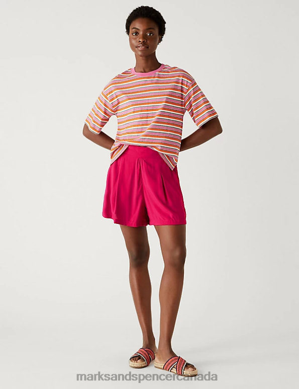 Women Fuchsia Clothing Marks & Spencer High Waisted Pleat Front Shorts 20VTD28 - Marks and Spencer online