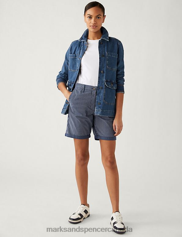 Marks and Spencer Canada - Women Navy Mix Clothing Marks & Spencer Cotton Rich Striped Chino Shorts 20VTD576