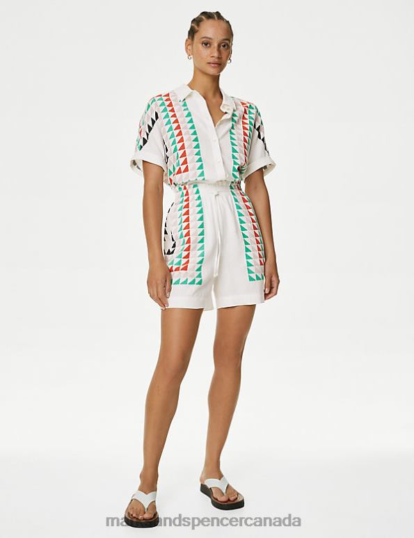 Women White Mix Clothing Marks & Spencer Linen Rich Geometric Shorts 20VTD188 - Marks and Spencer Canada locations