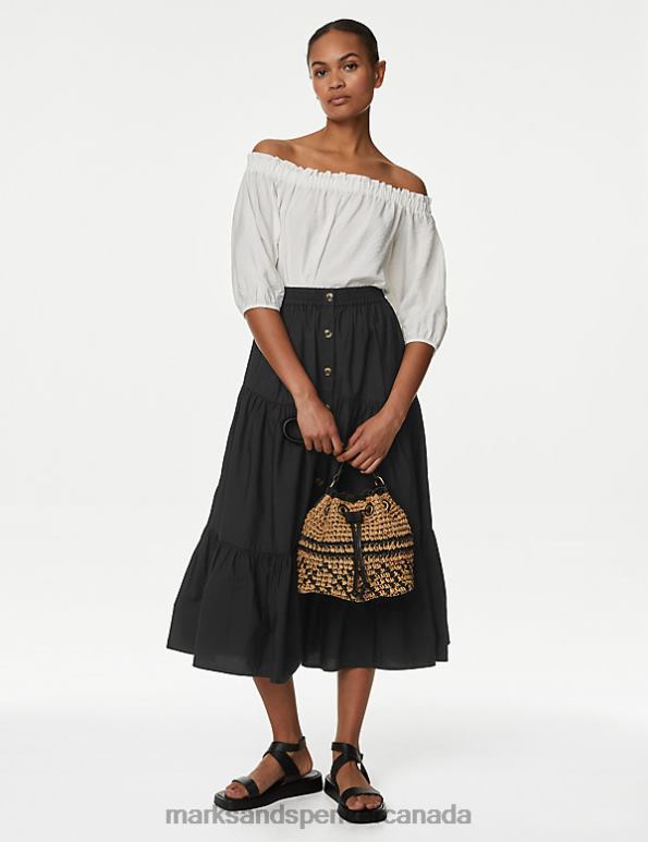 Marks and Spencer Canada - Women Black Clothing Marks & Spencer Cotton Button Down Tiered Midi Skirt 20VTD480