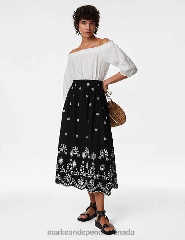 Marks and Spencer Canada - Women Black Clothing Marks & Spencer Pure Cotton Broderie Midi Tiered Skirt 20VTD2256