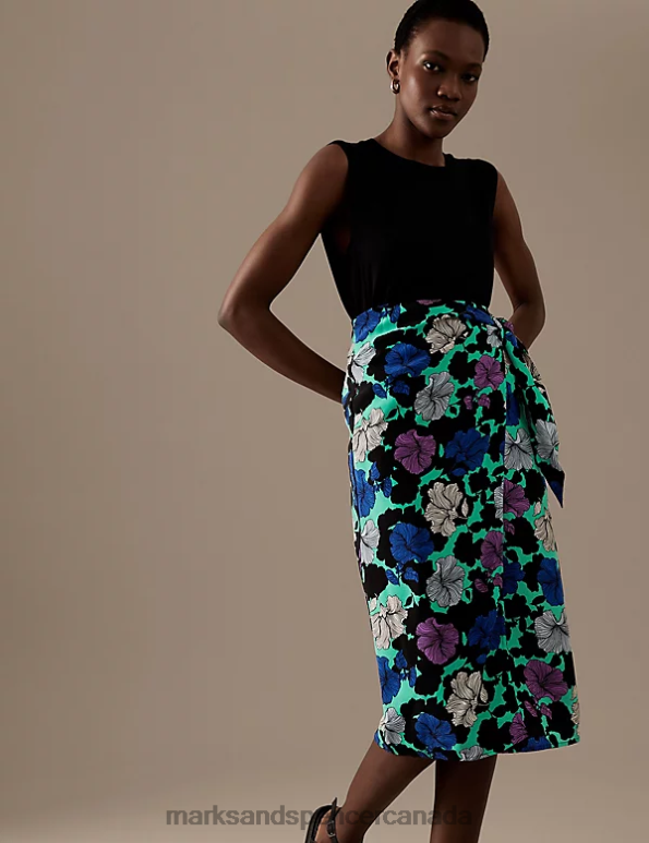 Women Black Mix Clothing Marks & Spencer Cupro Rich Printed Midi Wrap Skirt 20VTD1009 - Marks and Spencer online