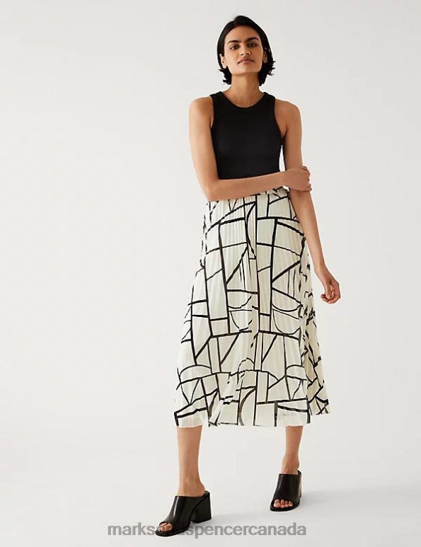 Women Black Mix Clothing Marks & Spencer Printed Pleated Midaxi Skirt 20VTD1671 - Marks and Spencer online