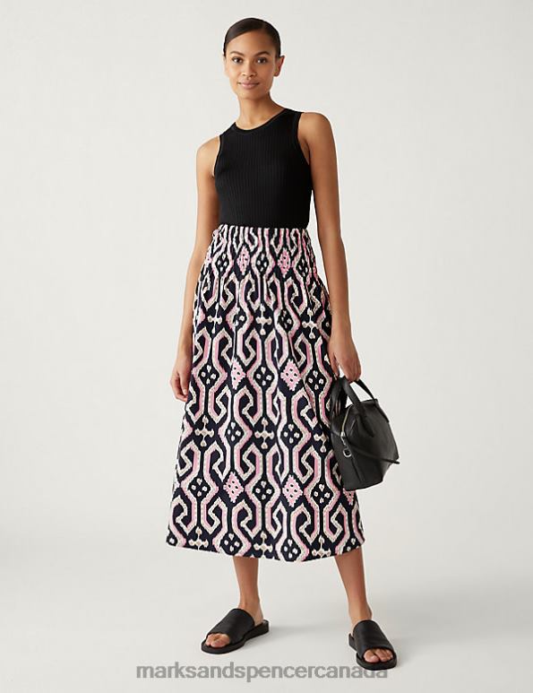 Women Black Mix Clothing Marks & Spencer Pure Cotton Geometric Midaxi A-Line Skirt 20VTD2593 - Marks and Spencer online