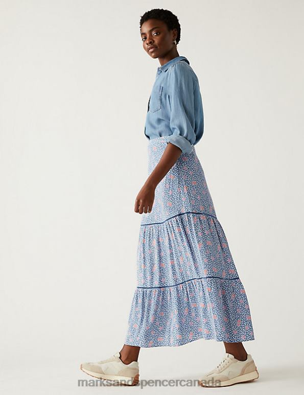 Women Blue Mix Clothing Marks & Spencer Printed Belted Maxi Tiered Skirt 20VTD2200 - Marks and Spencer outlet