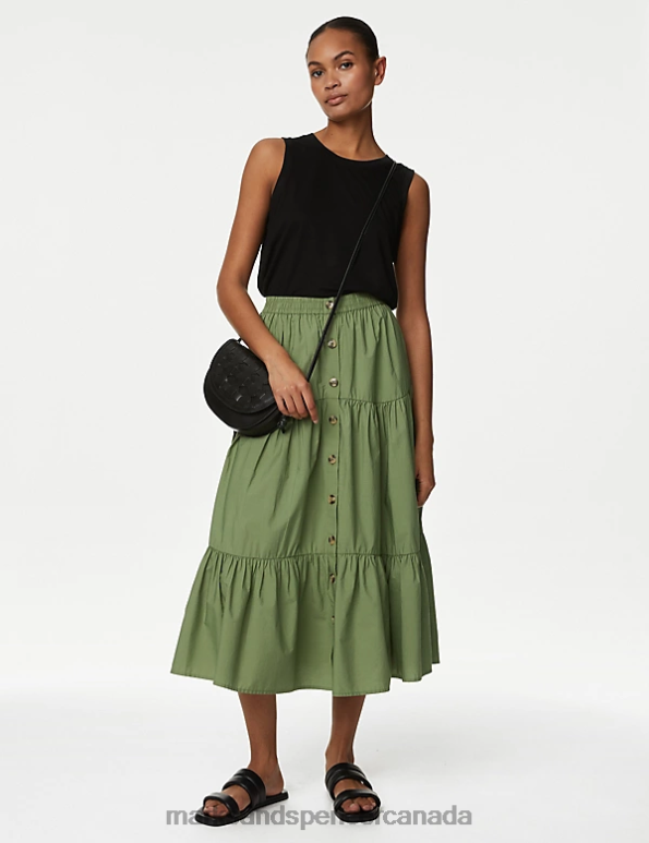 Women Khaki Clothing Marks & Spencer Cotton Button Down Tiered Midi Skirt 20VTD852 - Marks and Spencer outlet