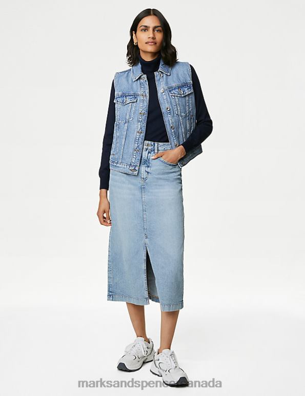 Women Light Indigo Clothing Marks & Spencer Denim Split Front Midi Skirt 20VTD304 - Marks and Spencer Canada locations