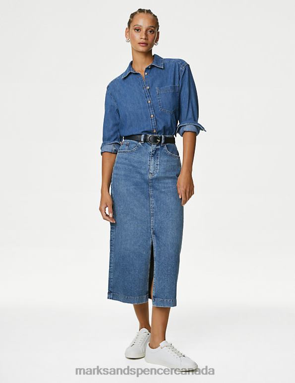 Marks and Spencer Canada - Women Medium Indigo Clothing Marks & Spencer Denim Split Front Midi Skirt 20VTD665