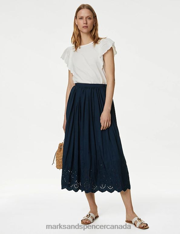 Women Navy Clothing Marks & Spencer Broderie Pleated Midaxi Skirt 20VTD1404 - Marks and Spencer outlet