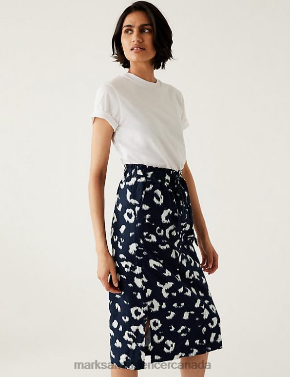 Women Navy Mix Clothing Marks & Spencer Linen Rich Midi Skirt 20VTD644 - Marks and Spencer Canada locations