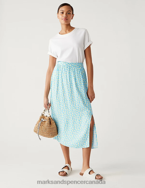 Marks and Spencer Canada - Women Turquoise Mix Clothing Marks & Spencer Printed Side Split Midi A-Line Skirt 20VTD3154