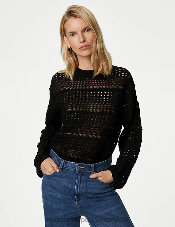 Marks and Spencer Canada - Women Black Clothing Marks & Spencer Cotton Blend Pointelle Crew Neck Jumper 20VTD805