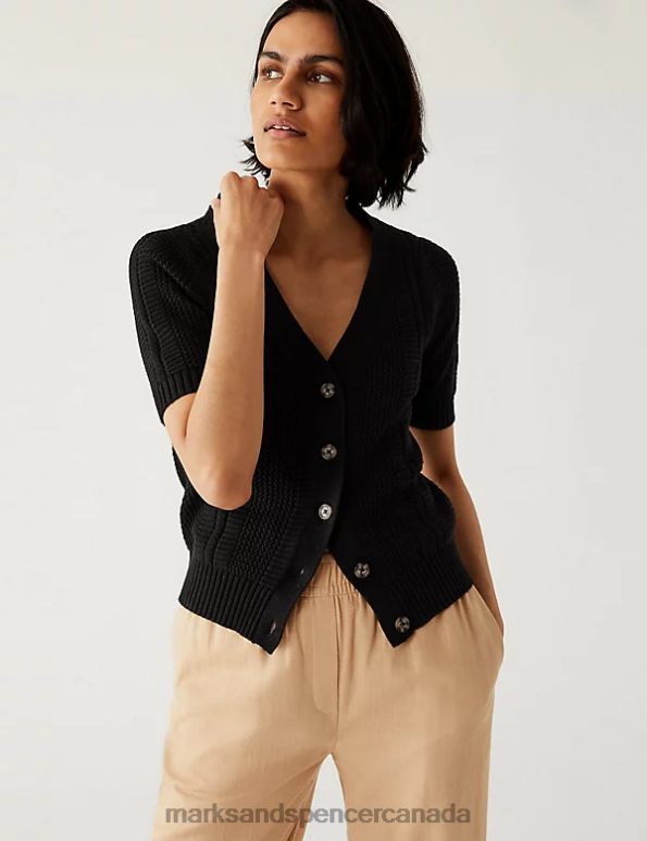 Women Black Clothing Marks & Spencer Cotton Rich Textured V-Neck Cardigan 20VTD2151 - Marks and Spencer online