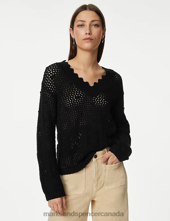 Marks and Spencer near me - Women Black Clothing Marks & Spencer Pure Cotton V-Neck Scallop Edge Jumper 20VTD225