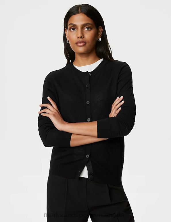 Women Black Clothing Marks & Spencer Pure Merino Wool Crew Neck Cardigan 20VTD1386 - Marks and Spencer Canada locations