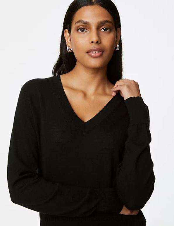 Marks and Spencer sale - Women Black Clothing Marks & Spencer Pure Merino Wool V-Neck Jumper 20VTD1591