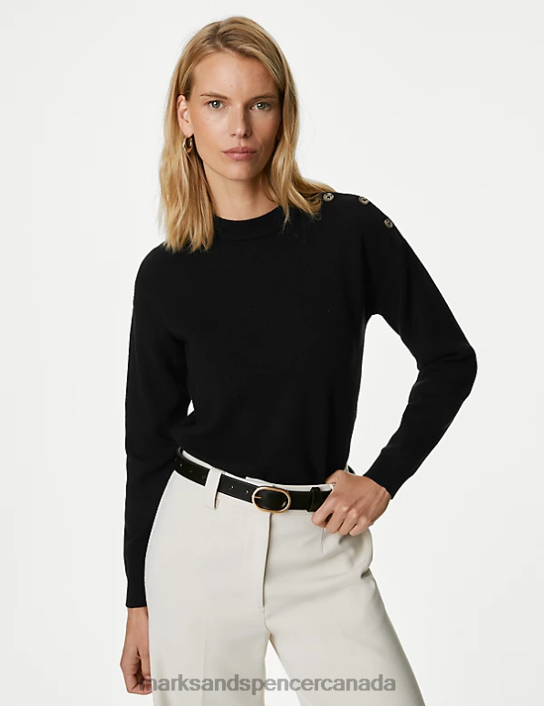 Women Black Clothing Marks & Spencer Soft Touch Crew Neck Button Detail Jumper 20VTD1875 - Marks and Spencer Canada locations